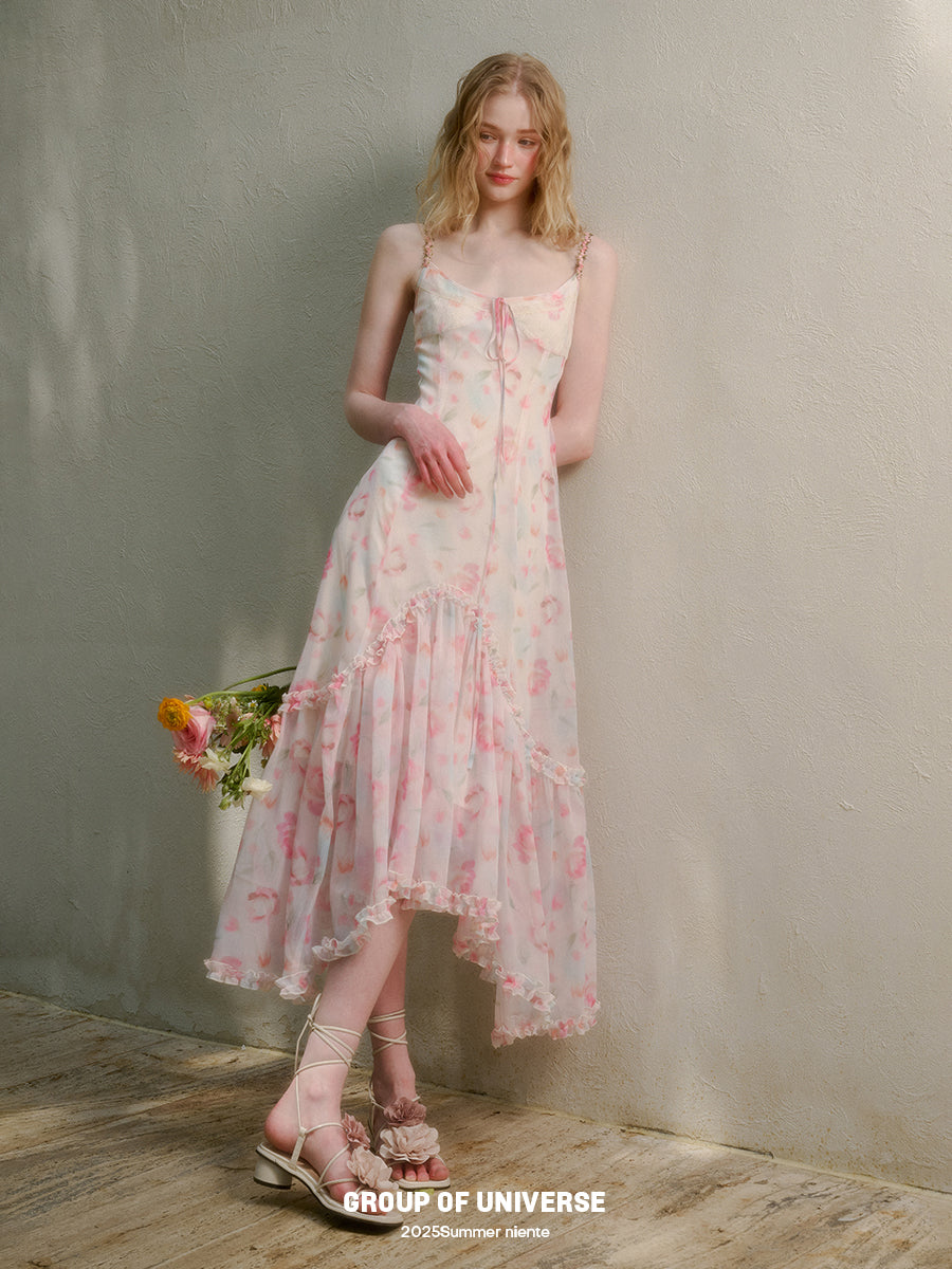 Floral Ruffle-Trimmed Cami Dress With Halter Strap