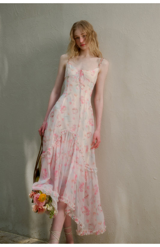 Floral Ruffle-Trimmed Cami Dress With Halter Strap