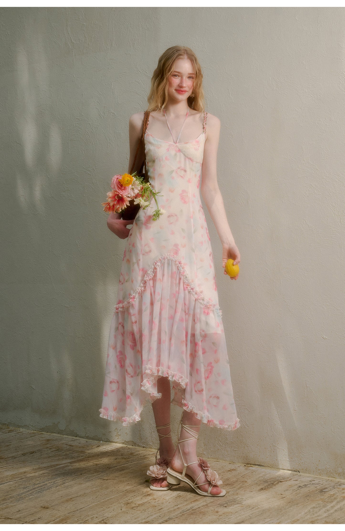 Floral Ruffle-Trimmed Cami Dress With Halter Strap