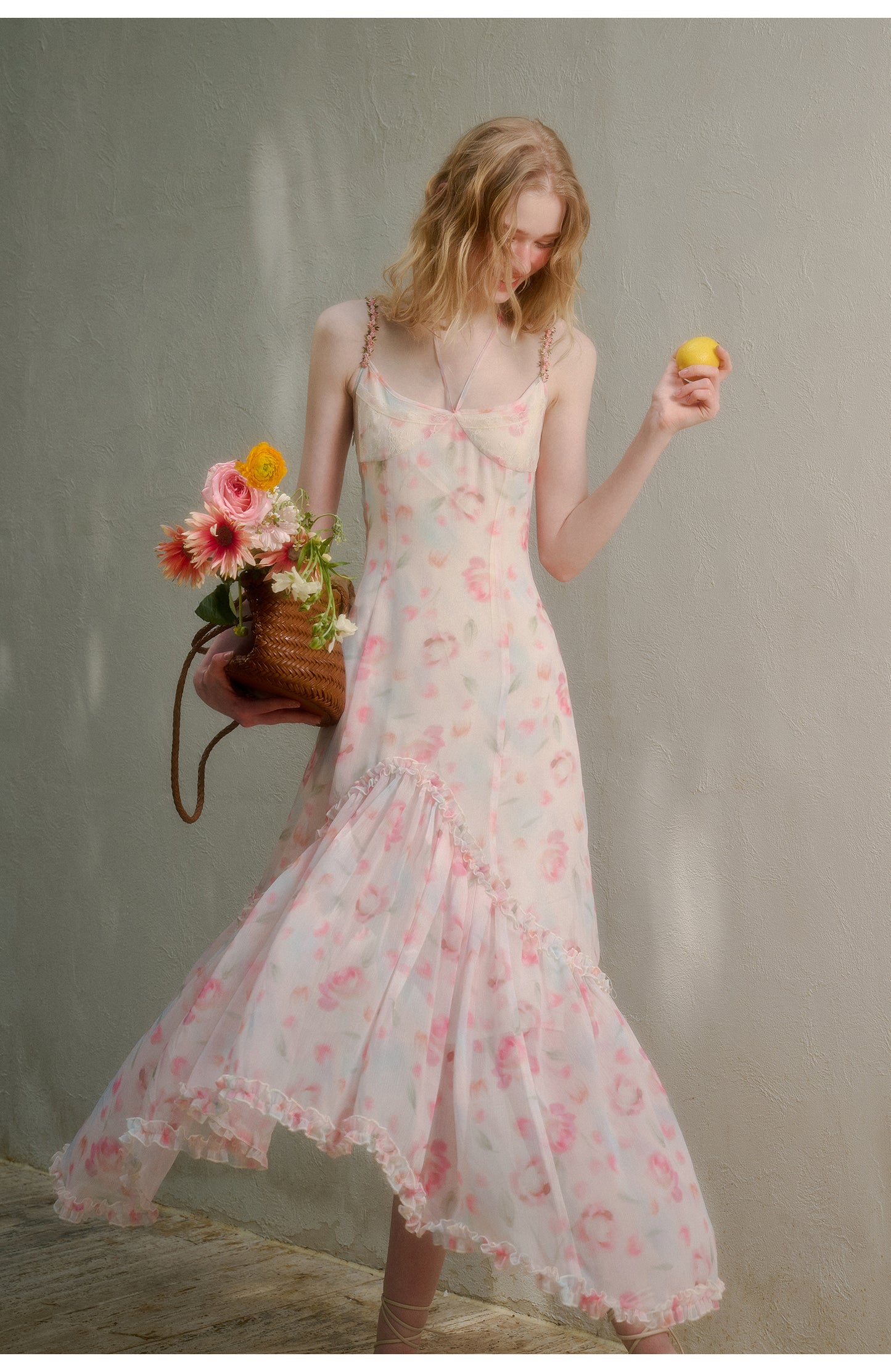 Floral Ruffle-Trimmed Cami Dress With Halter Strap