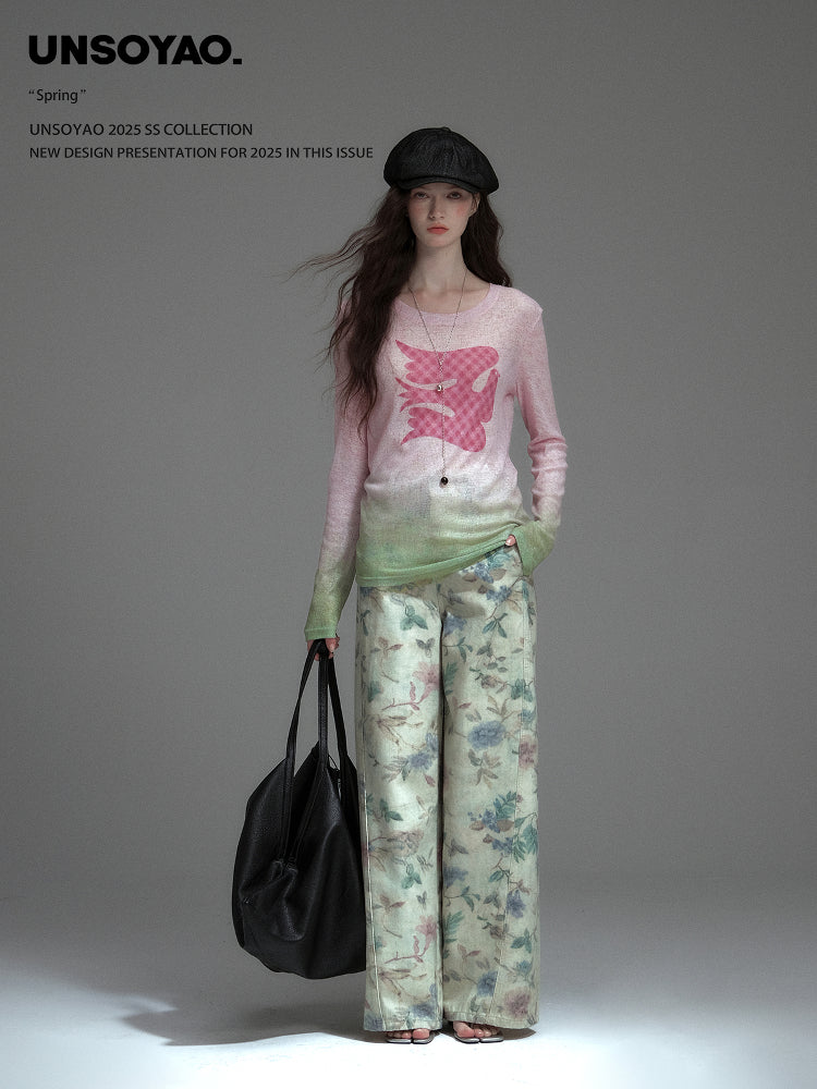 Soft Gradient Bird Motif Knit Pullover
