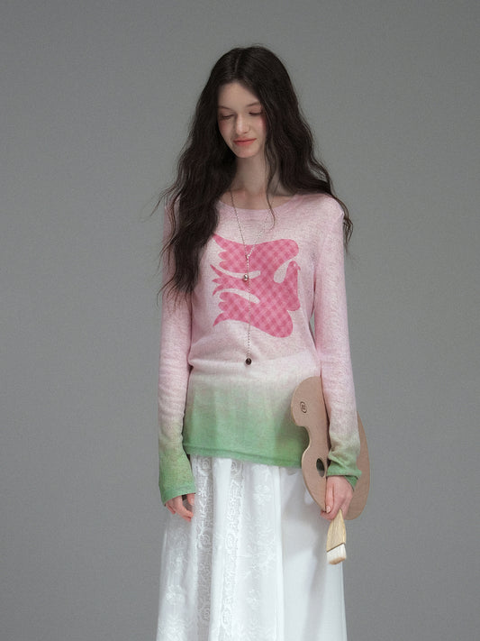 Soft Gradient Bird Motif Knit Pullover