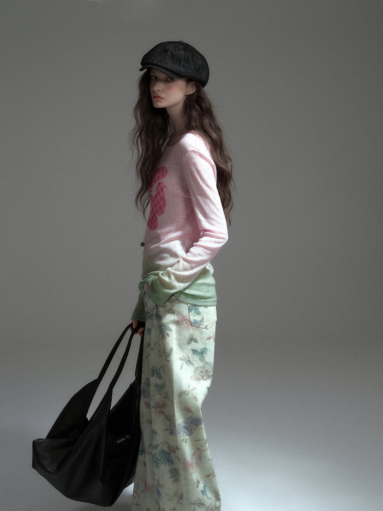 Soft Gradient Bird Motif Knit Pullover