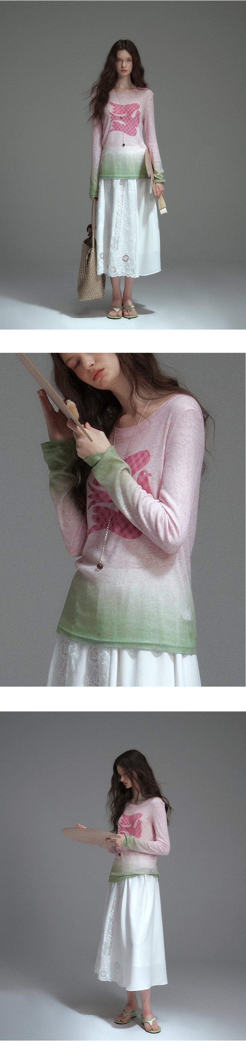 Soft Gradient Bird Motif Knit Pullover