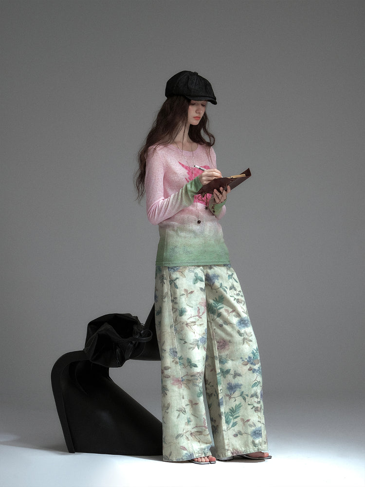 Soft Gradient Bird Motif Knit Pullover