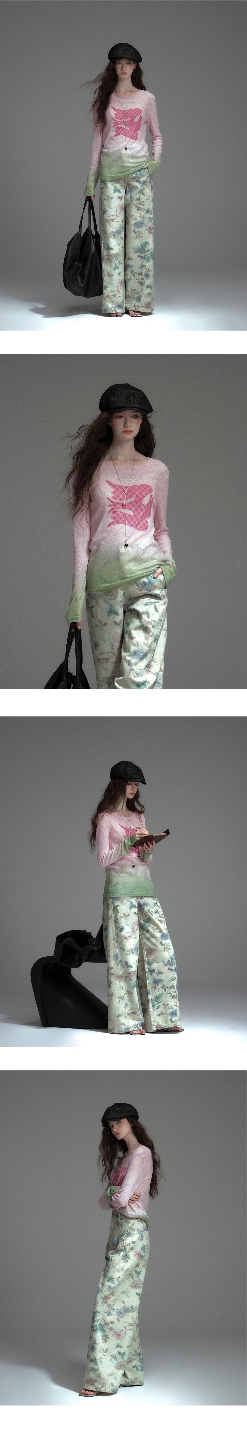 Soft Gradient Bird Motif Knit Pullover