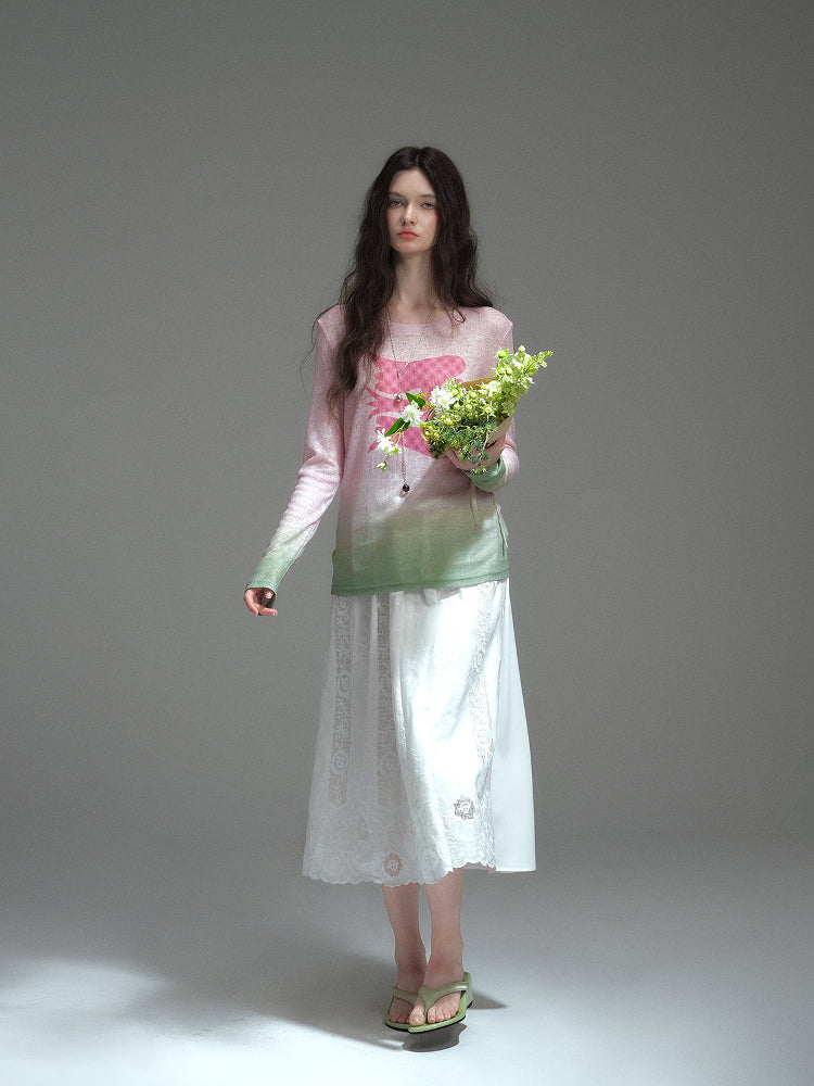 Soft Gradient Bird Motif Knit Pullover