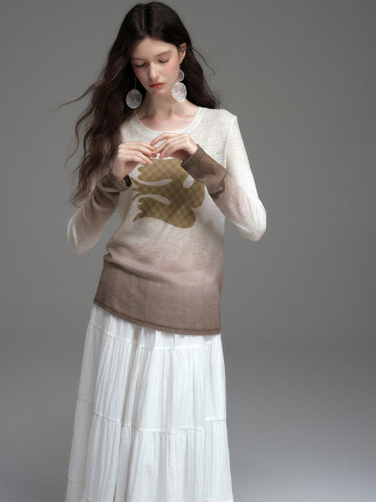 Soft Gradient Bird Motif Knit Pullover