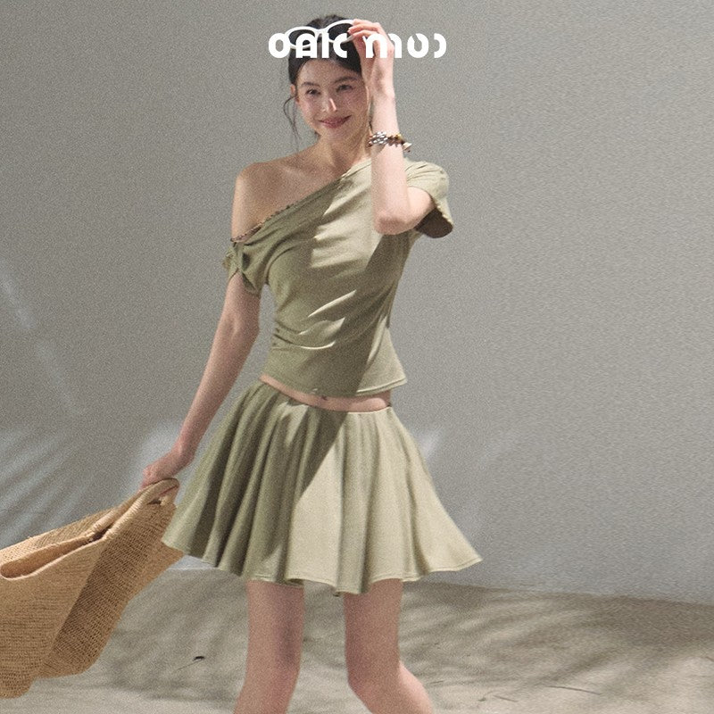 Beaded Strap One-Shoulder Top And Draped Skirt