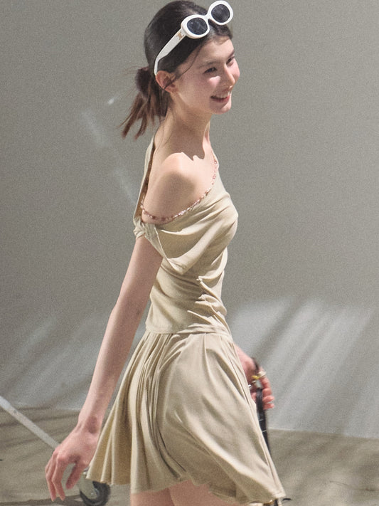 Beaded Strap One-Shoulder Top And Draped Skirt