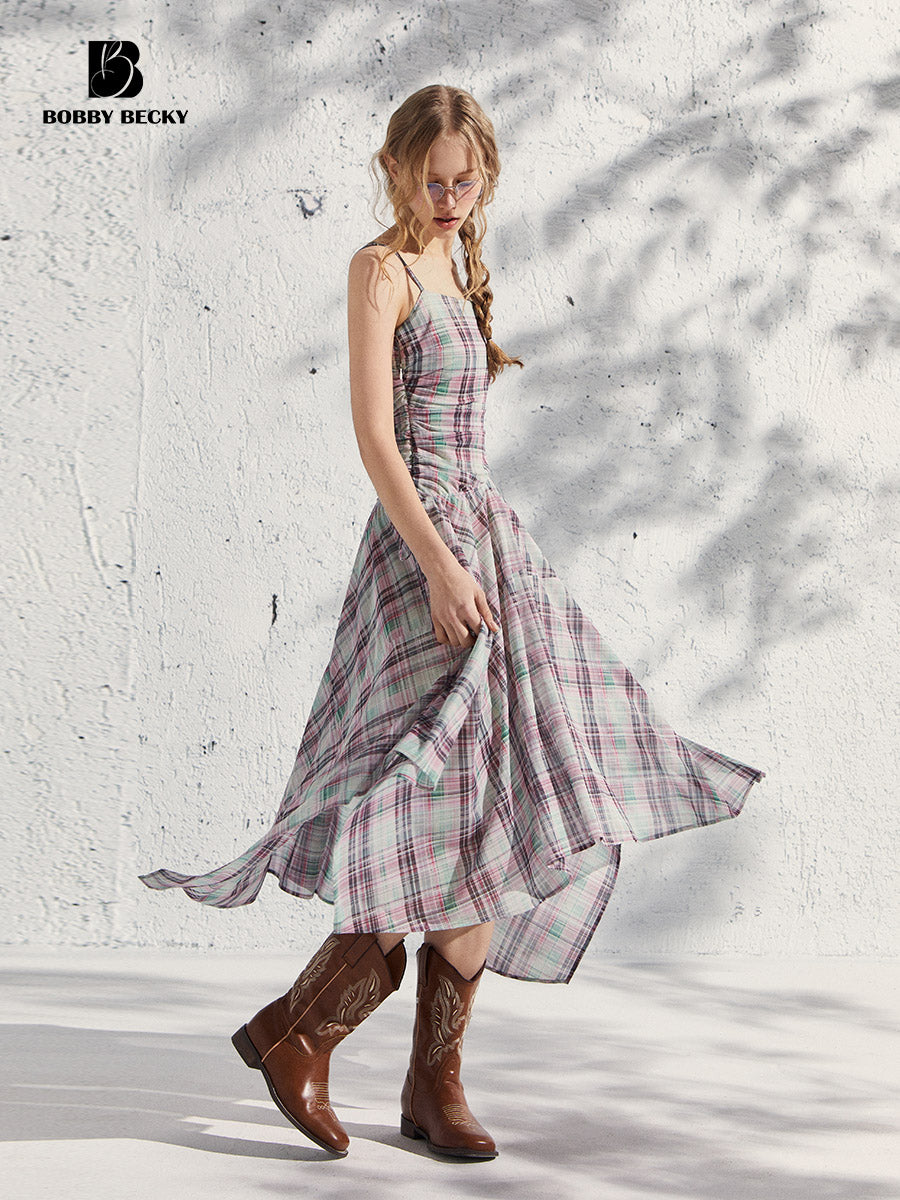 Plaid Mesh Camisole Dress With Adjustable Straps