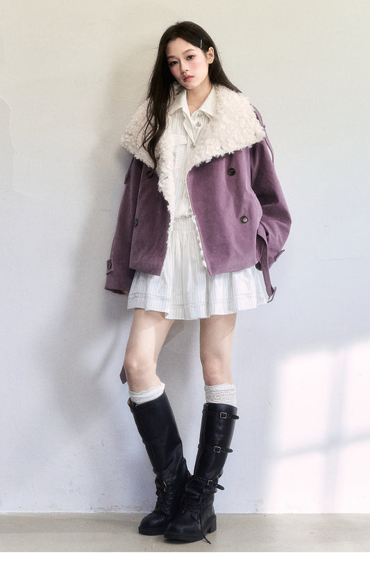 Belted Faux Suede Rider Jacket With Fur Collar