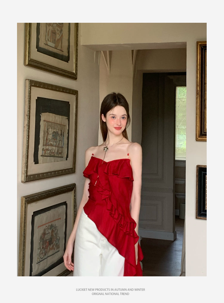 Asymmetrical Beaded Strap Ruffled Top In Red