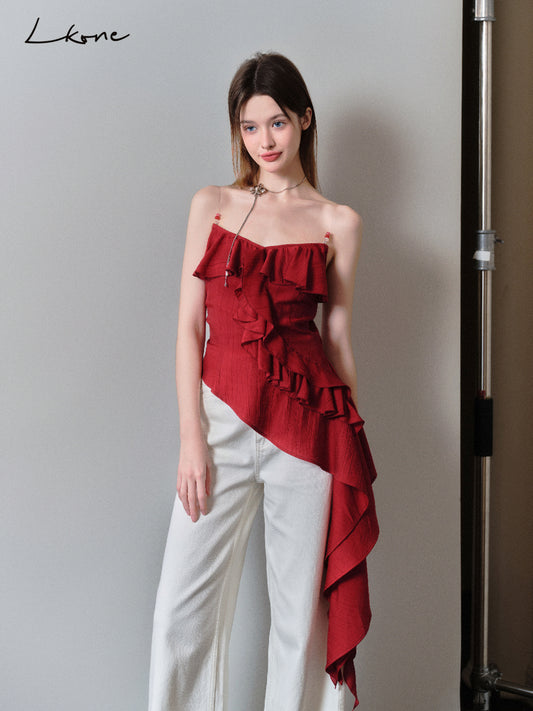 Asymmetrical Beaded Strap Ruffled Top In Red