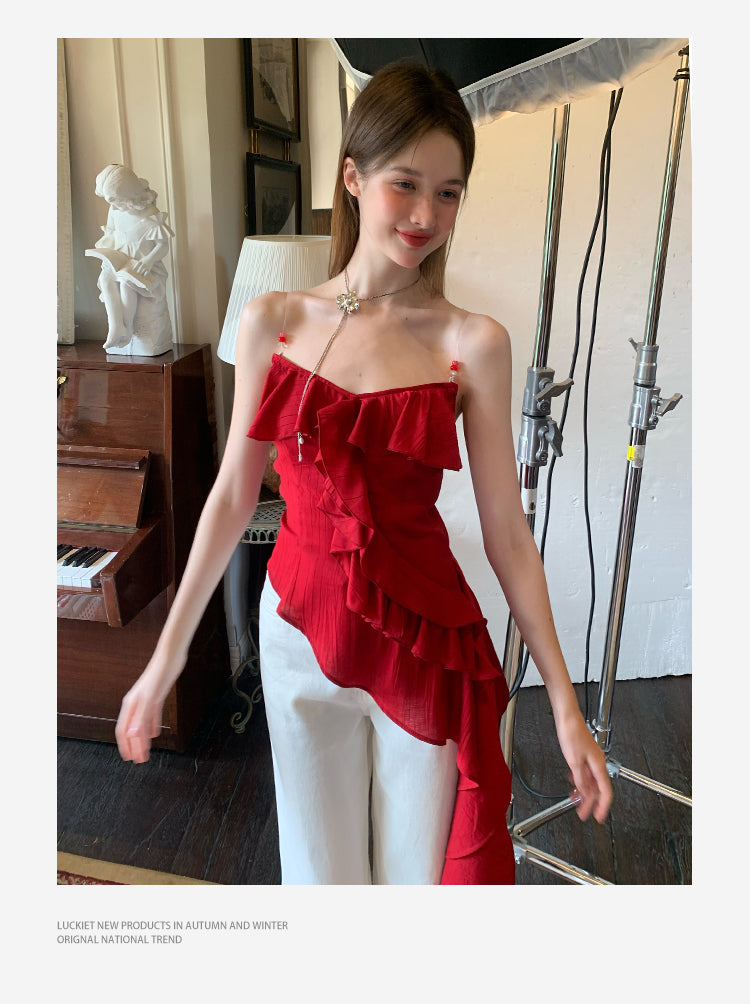 Asymmetrical Beaded Strap Ruffled Top In Red