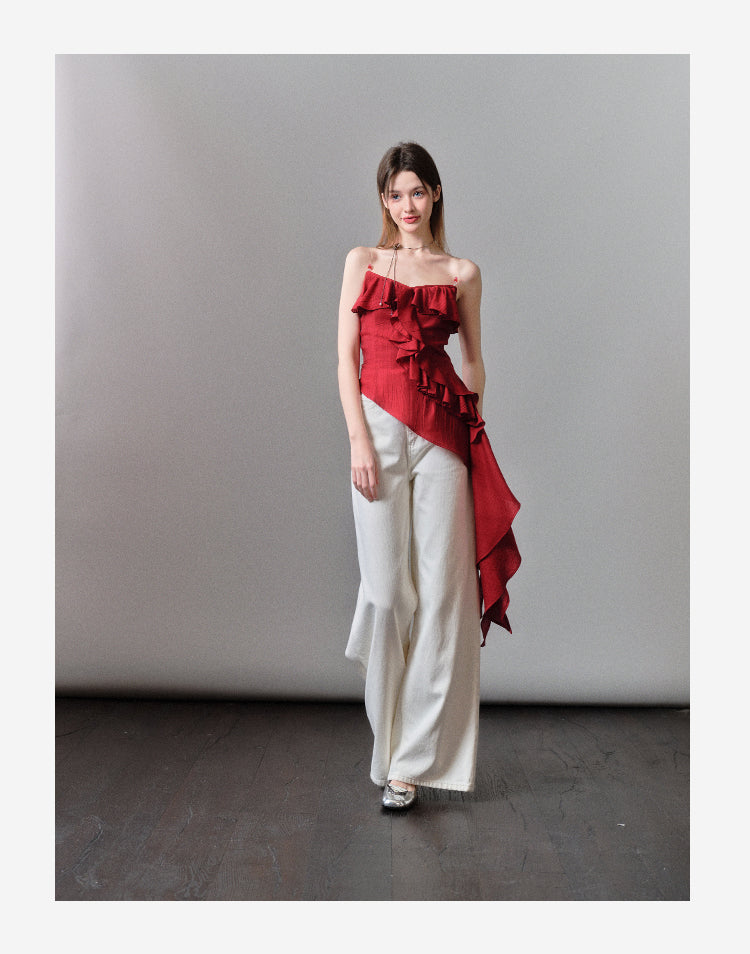 Asymmetrical Beaded Strap Ruffled Top In Red