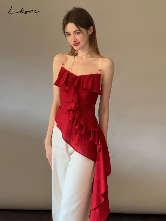 Asymmetrical Beaded Strap Ruffled Top In Red