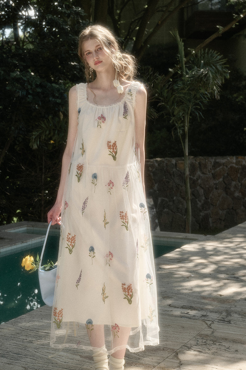 Gathered Sheer Floral Embroidered Dress
