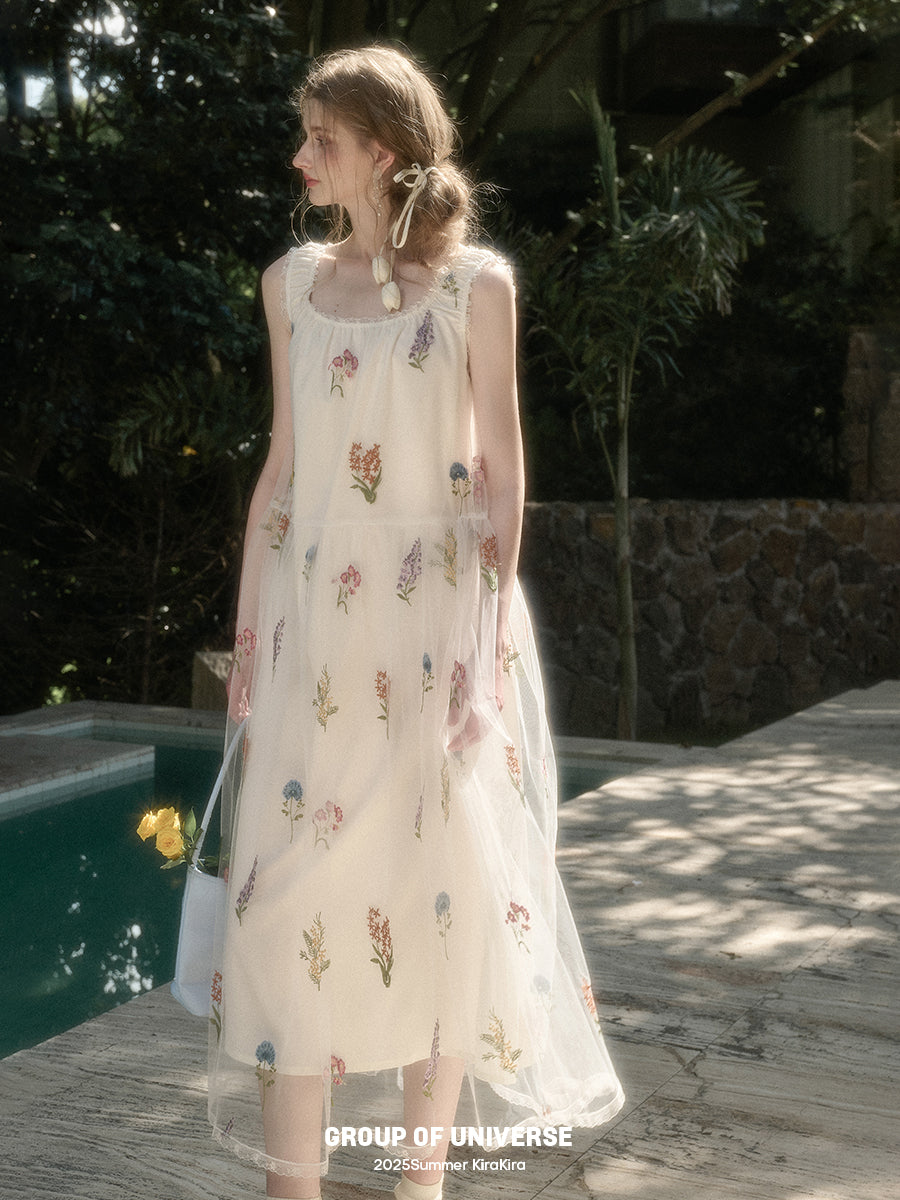Gathered Sheer Floral Embroidered Dress