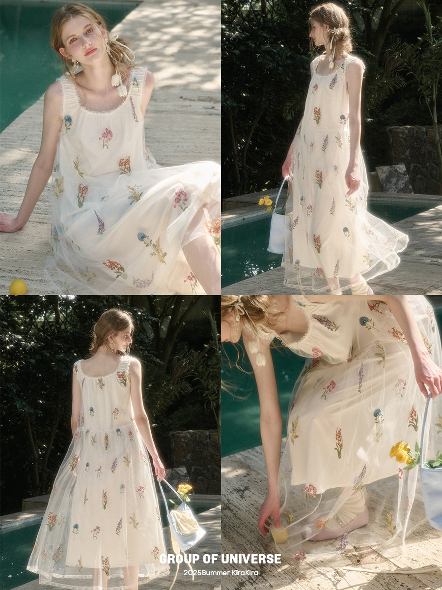Gathered Sheer Floral Embroidered Dress
