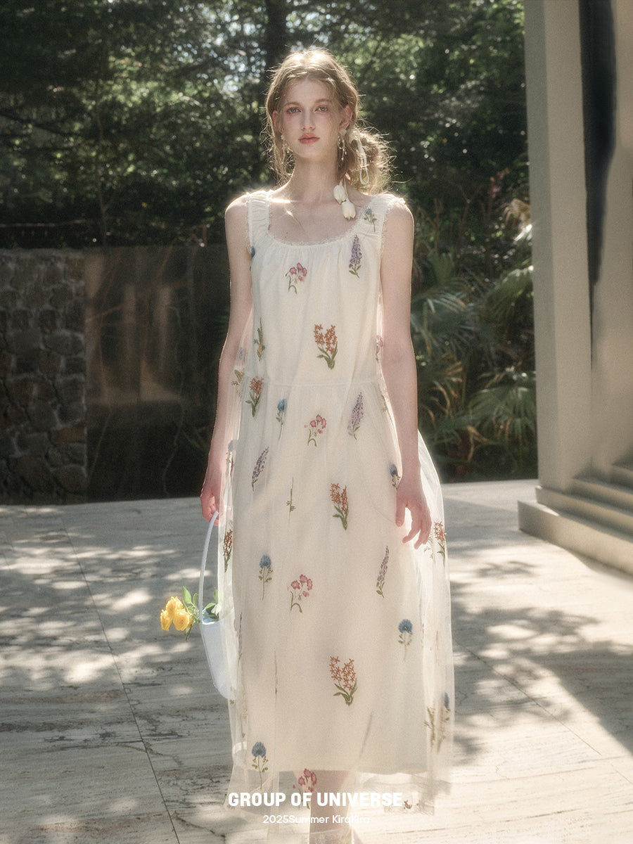 Gathered Sheer Floral Embroidered Dress