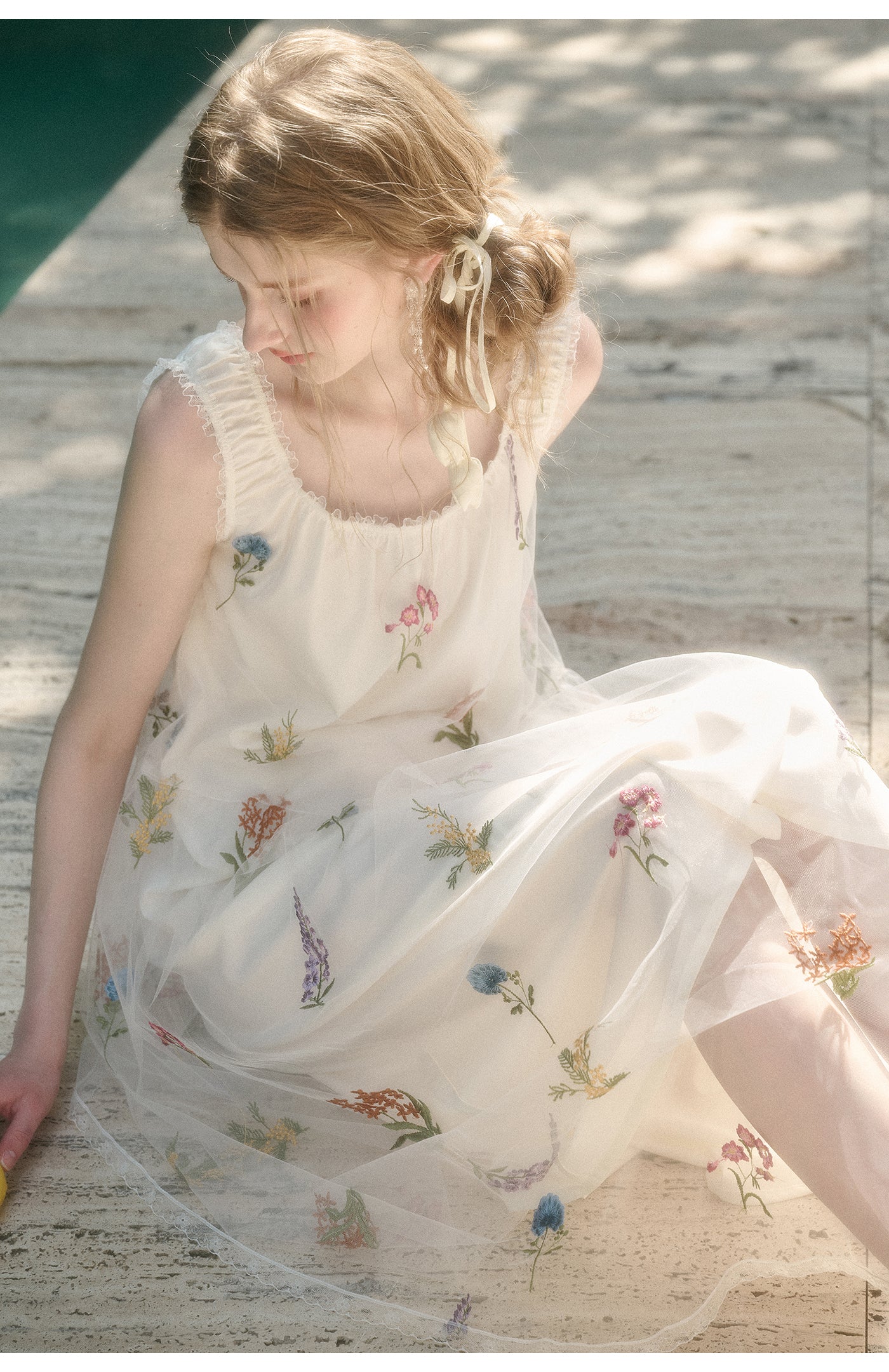 Gathered Sheer Floral Embroidered Dress