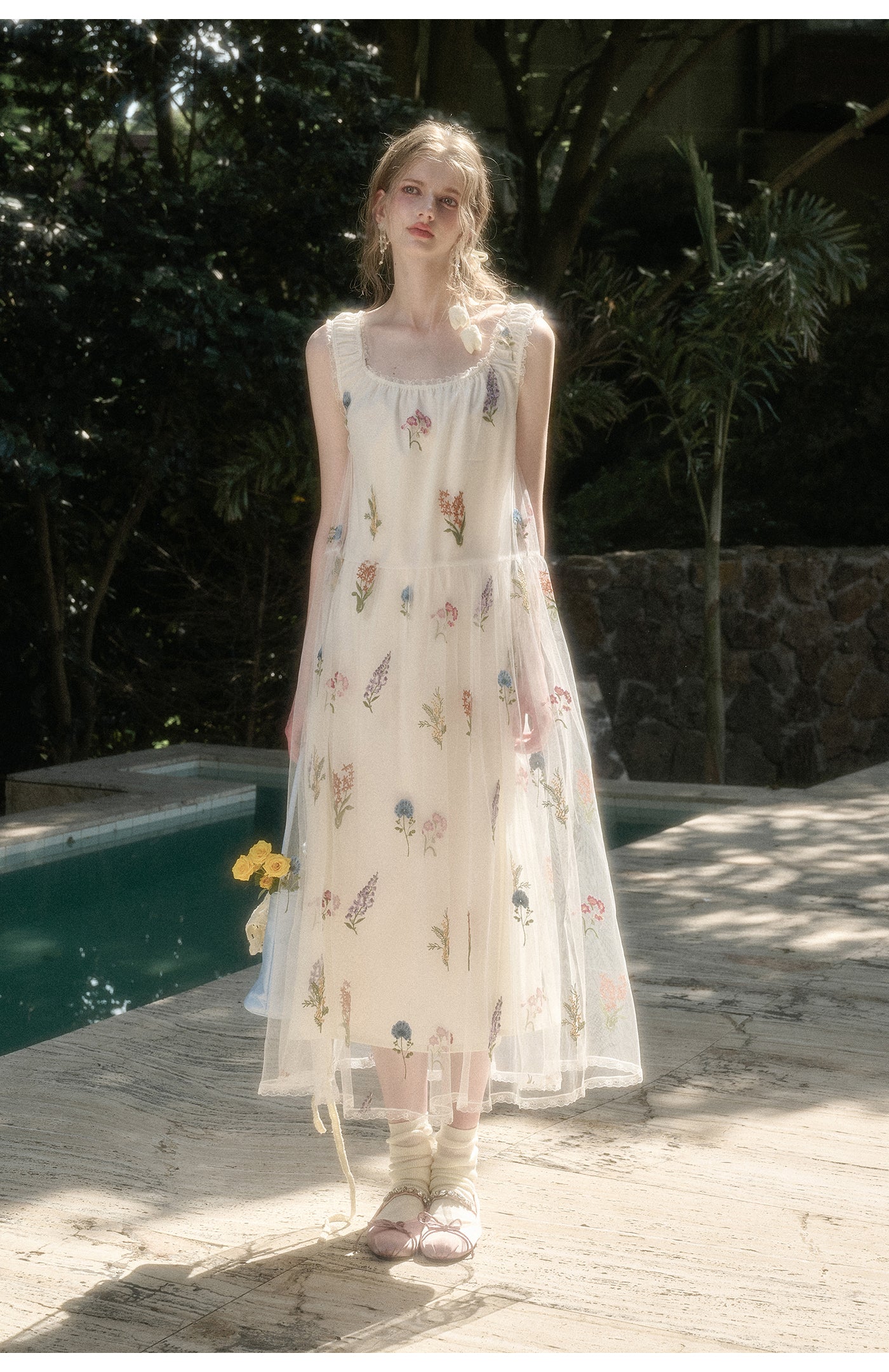 Gathered Sheer Floral Embroidered Dress