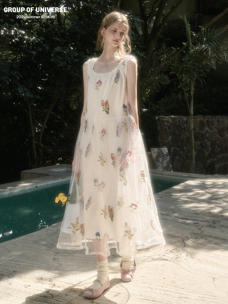 Gathered Sheer Floral Embroidered Dress