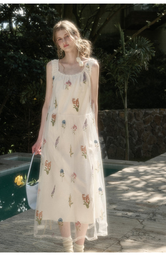 Gathered Sheer Floral Embroidered Dress