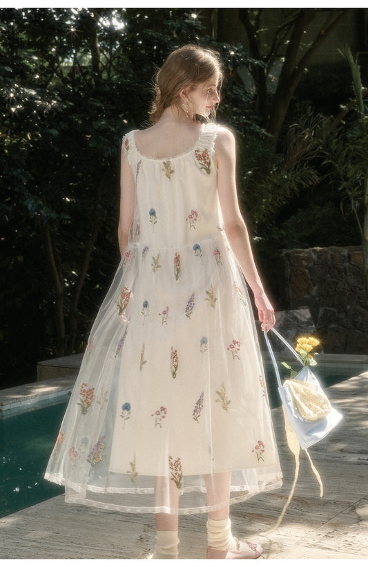 Gathered Sheer Floral Embroidered Dress