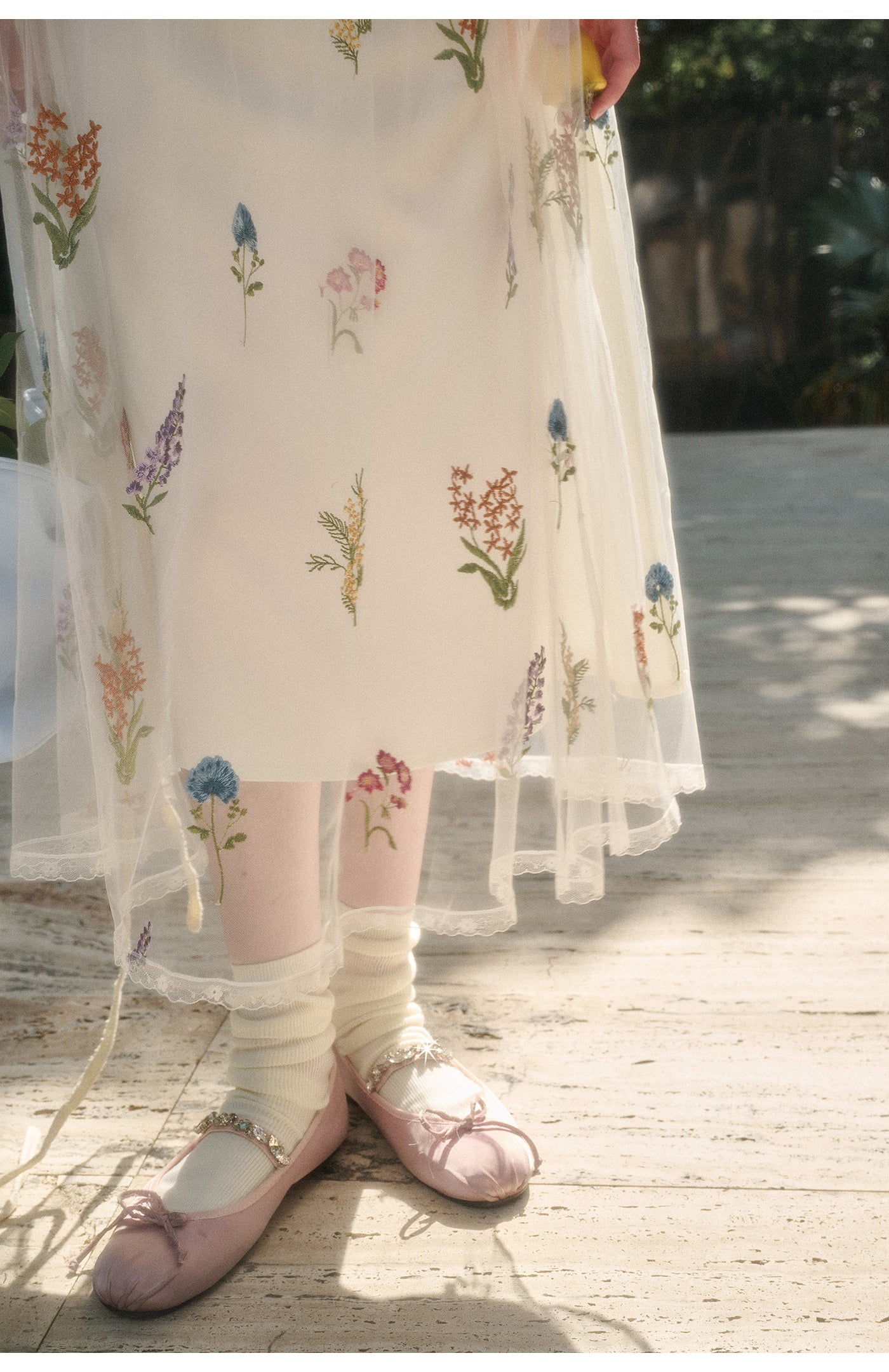 Gathered Sheer Floral Embroidered Dress