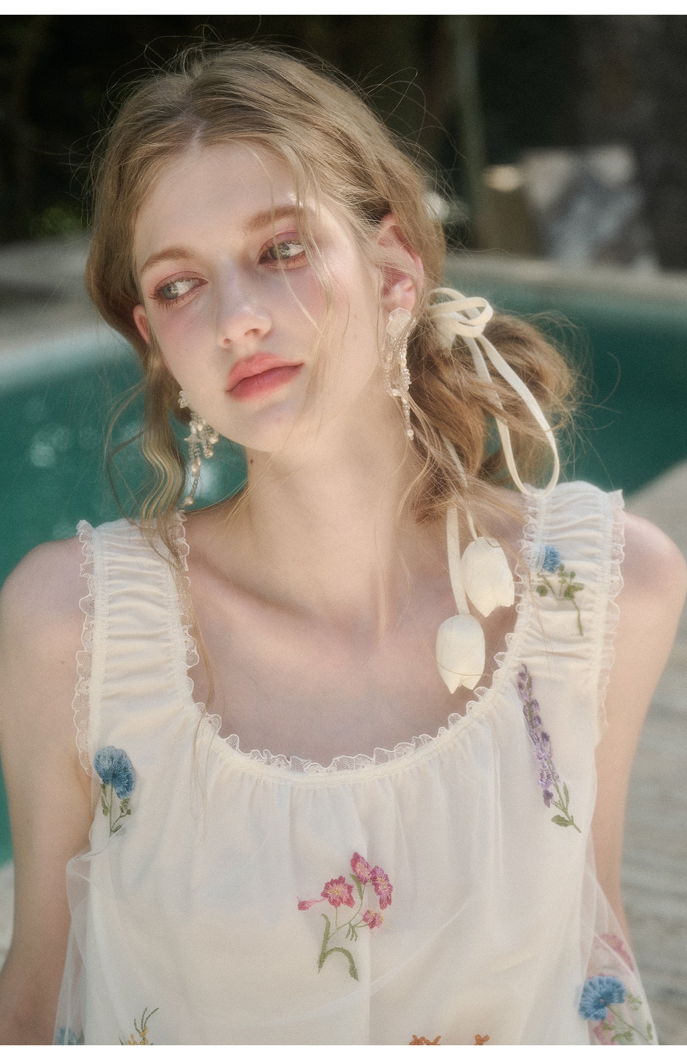 Gathered Sheer Floral Embroidered Dress