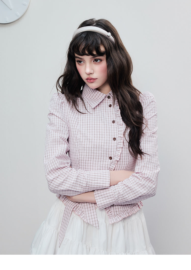 Victorian-Style Ruffled Check Blouse With Bow Tie Waist