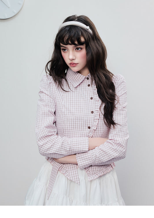 Victorian-Style Ruffled Check Blouse With Bow Tie Waist
