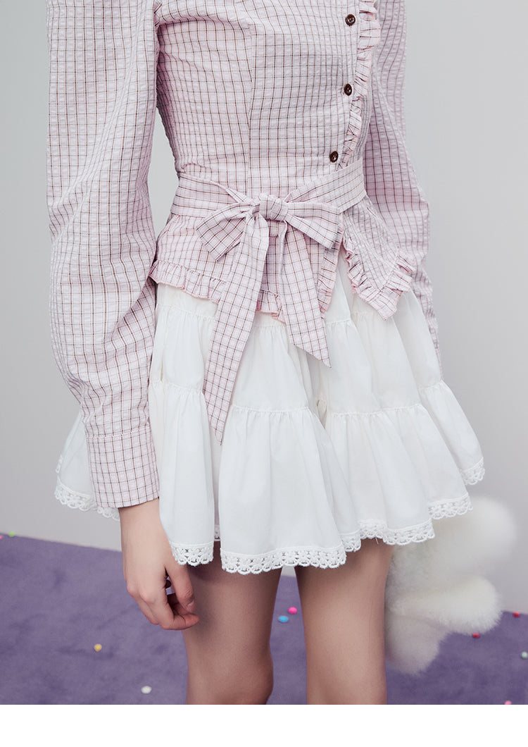 Victorian-Style Ruffled Check Blouse With Bow Tie Waist