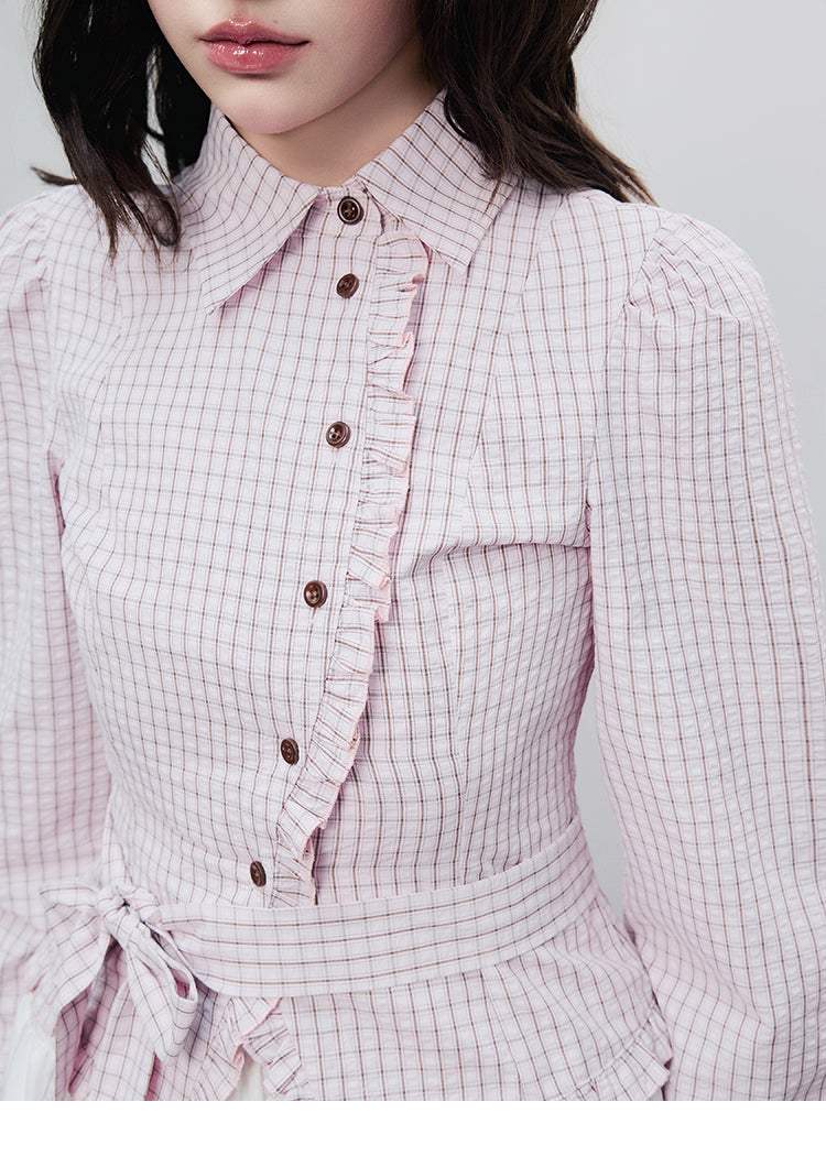 Victorian-Style Ruffled Check Blouse With Bow Tie Waist
