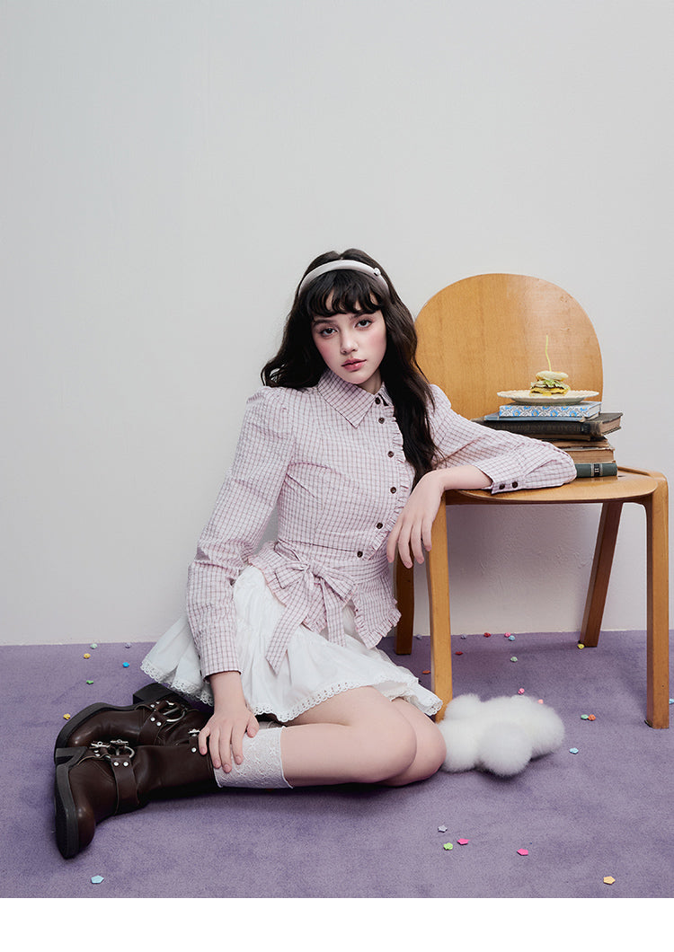 Victorian-Style Ruffled Check Blouse With Bow Tie Waist