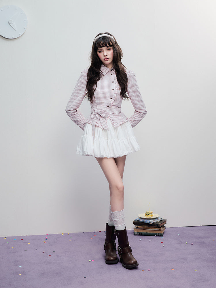 Victorian-Style Ruffled Check Blouse With Bow Tie Waist