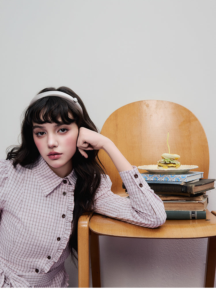 Victorian-Style Ruffled Check Blouse With Bow Tie Waist