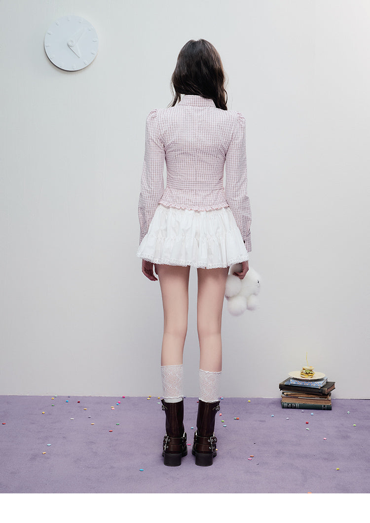 Victorian-Style Ruffled Check Blouse With Bow Tie Waist