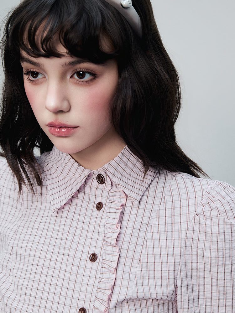 Victorian-Style Ruffled Check Blouse With Bow Tie Waist