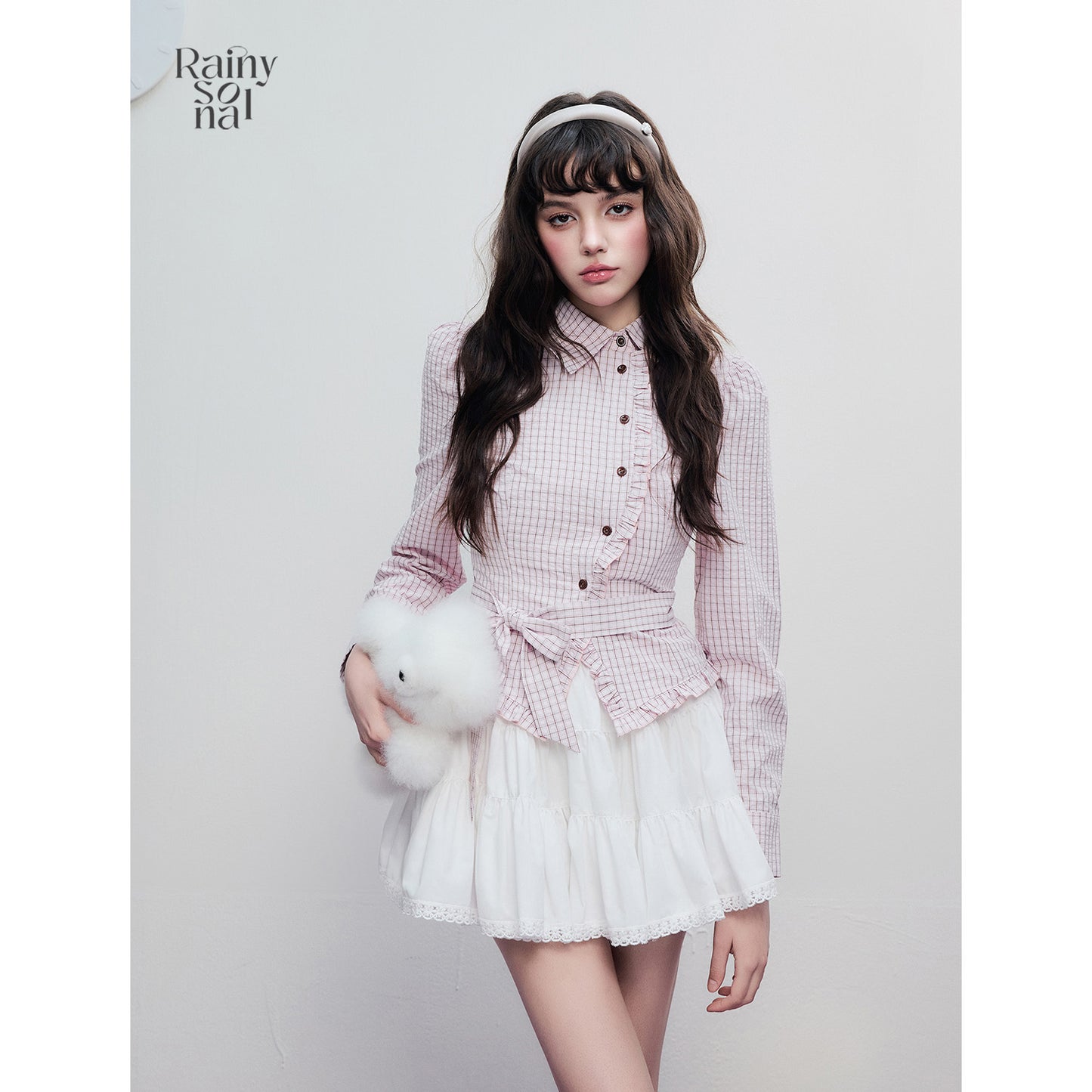 Victorian-Style Ruffled Check Blouse With Bow Tie Waist