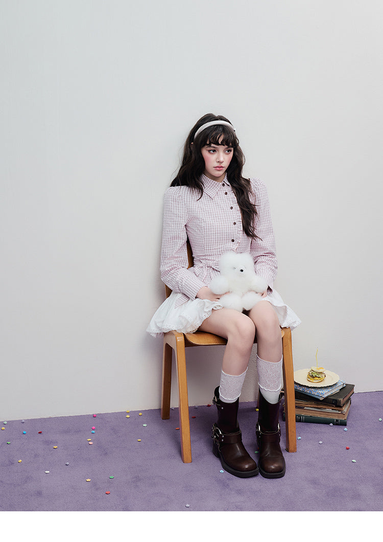 Victorian-Style Ruffled Check Blouse With Bow Tie Waist