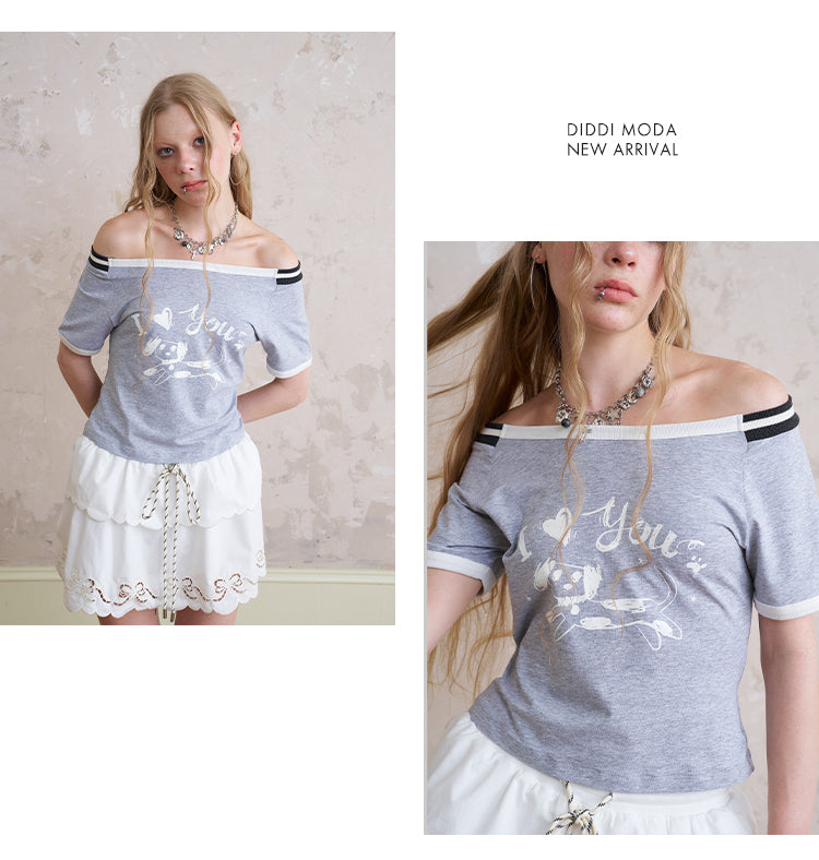 Off-Shoulder T-Shirt With Puppy Illustration Print