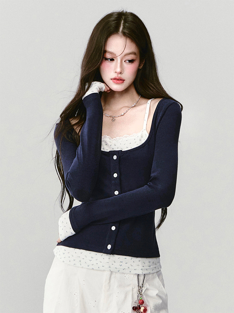 Button-Front Faux-Layered Wide Scoop Neck Top