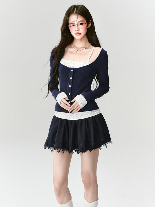 Button-Front Faux-Layered Wide Scoop Neck Top