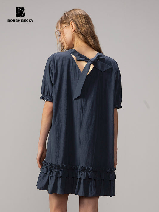 Puff Sleeve Ruffled Hem Loose Dress In Natural Fabric