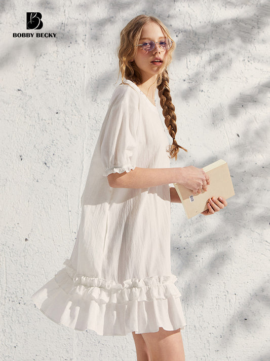 Puff Sleeve Ruffled Hem Loose Dress In Natural Fabric