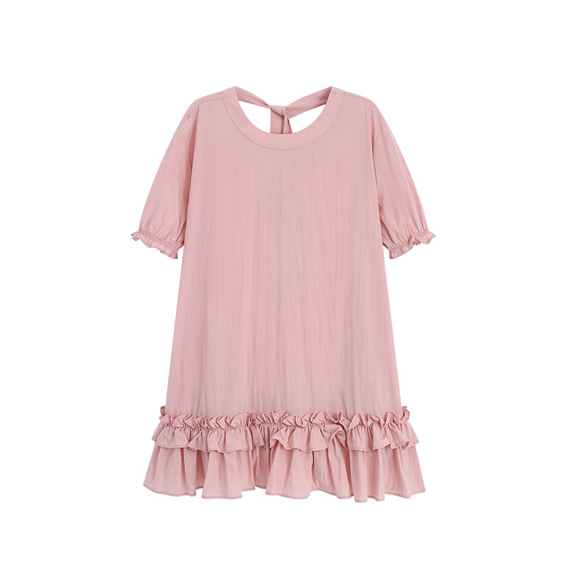 Puff Sleeve Ruffled Hem Loose Dress In Natural Fabric