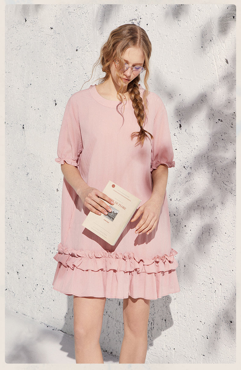 Puff Sleeve Ruffled Hem Loose Dress In Natural Fabric